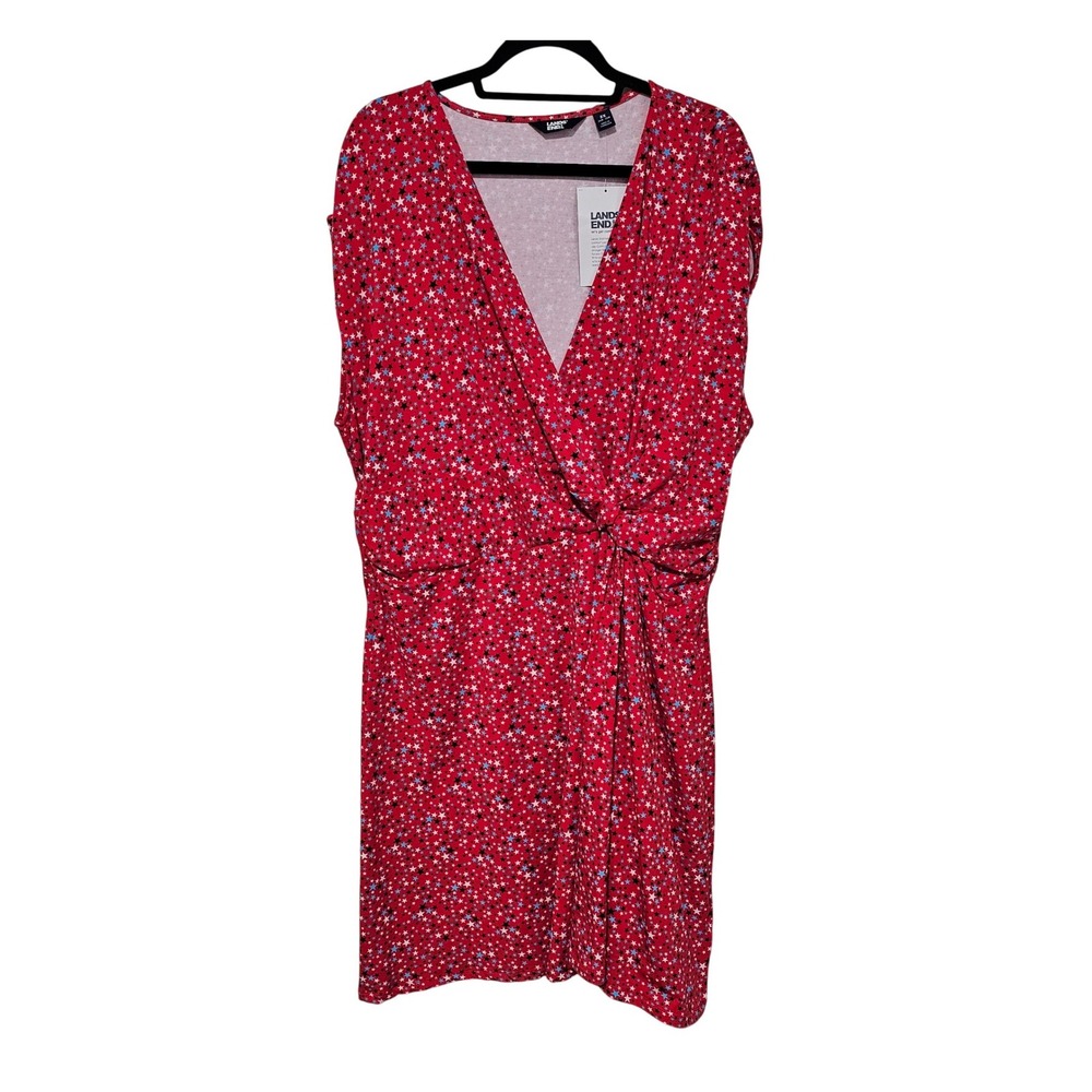 Lands End 3X Faux Wrap Dress Red Star Print Summer Patriotic Americana NWT